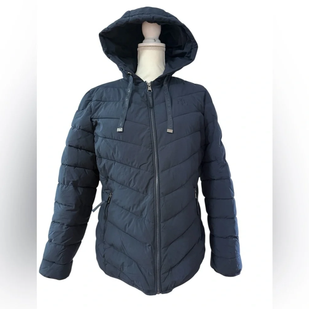 LAUREN RALPH LAUREN Women's Blue Navy Quilted Hooded Jacket size L/G